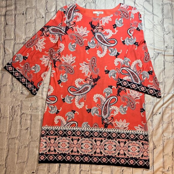Studio One Tops - 🍑 Peach Paisley Print Dress – 3/4 Bell Sleeves, Size Large Petite